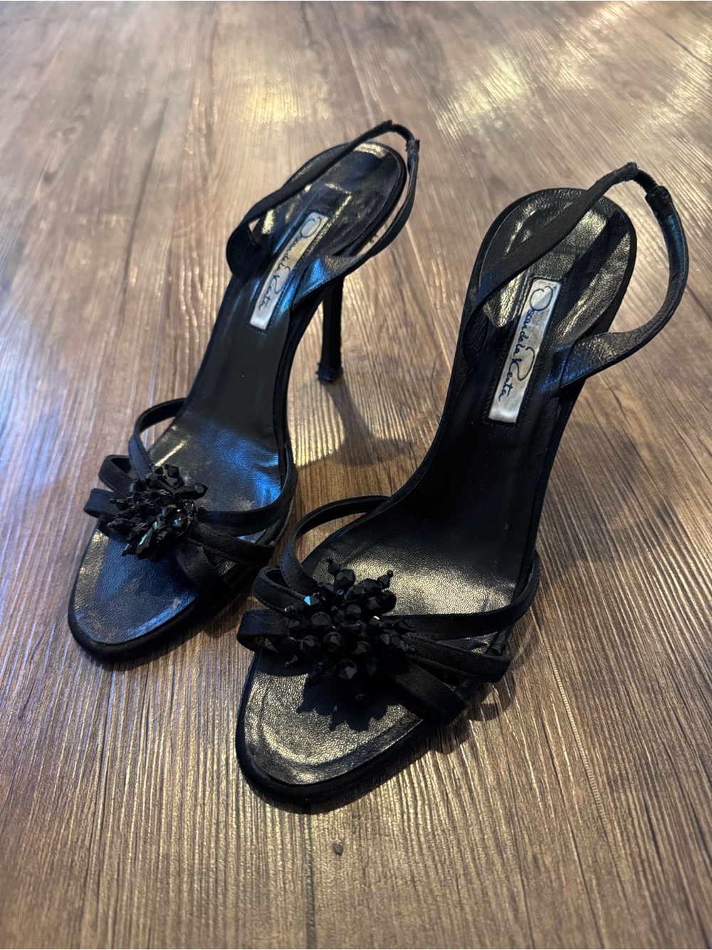 Oscar de la Renta Black Beaded Slingback Stiletto Heels